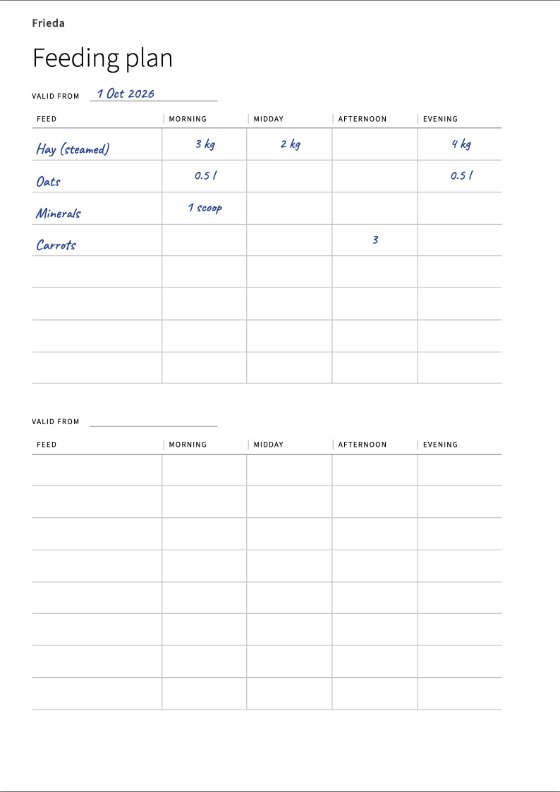 The filled-in feeding plan: valid from 1 Oct 2026, hay, oats, minerals and carrots by meal