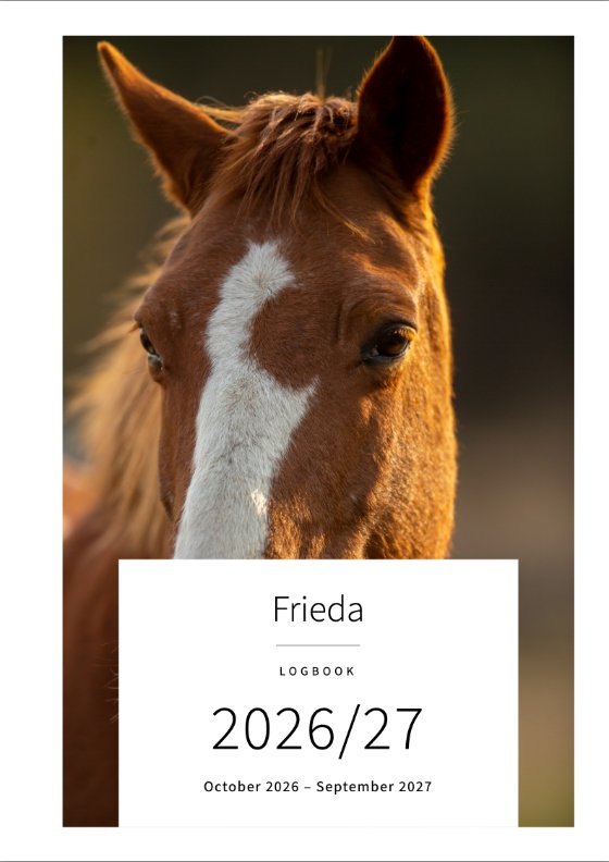 Cover: the photo of a chestnut with a blaze, on it a white panel with ‘Frieda’, ‘Logbook’, ‘2026/27’