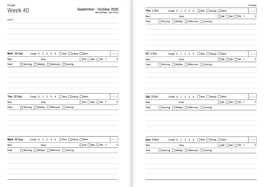 Empty week spread: on the left notes for the week and Monday to Wednesday, on the right Thursday to Sunday